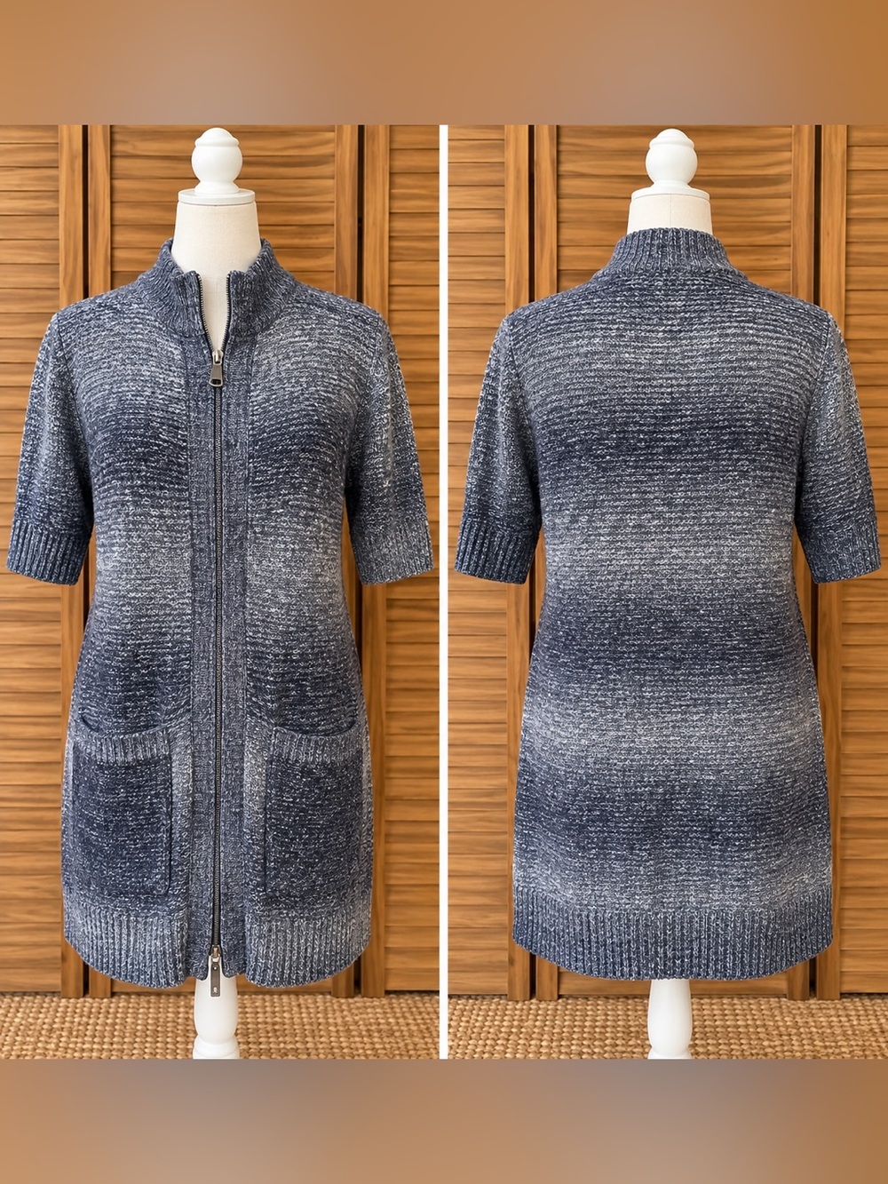 Chico’s Blue Gray Ombré Wool Blend Zip Cardigan Size 1 M Longline